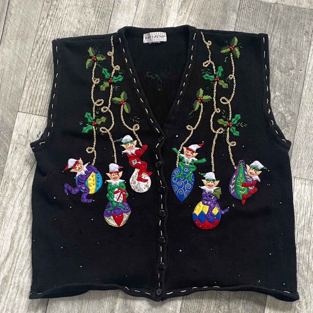 Vintage Black Christmas Holiday Vest with Colorful Elf Embellishments